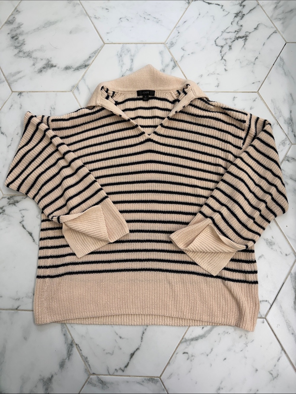 J Crew tan and navy Striped V‑Neck Pullover Sweater